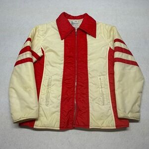 Vintage 70s Kmart Puffer Jacket Racing Stripe Nylon Red Cream Mens Medium